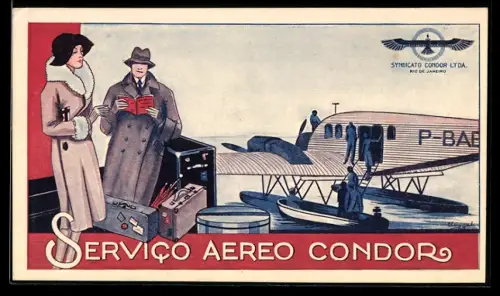 Vertreterkarte Rio de Janeiro, Servico Aereo Condor, Passagiere mit Reisegepäck vor einem Flugzeug