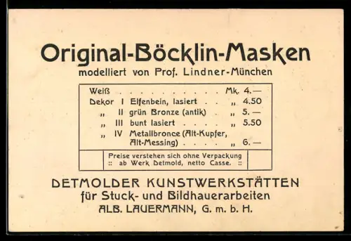 Vertreterkarte Detmold, Alb. Lauermann, Kunstwerkstätten, Böcklin-Masken von Prof. Lindner