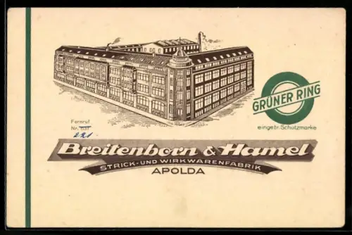 Vertreterkarte Apolda, Breitenborn & Hamel, Strick- und Wirkwarenfabrik, Vogelschau auf die Fabrik