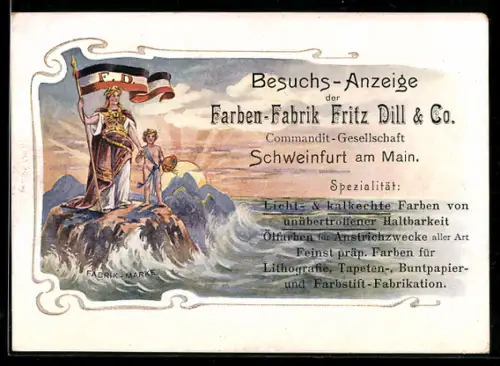 Vertreterkarte Schweinfurt am Main, Fritz Dill & Co., Farben-Fabrik, Frau mit Kind und Reichsflagge