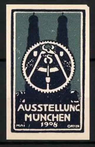 Reklamemarke München, Ausstellung 1908, Zahnrad und Zange