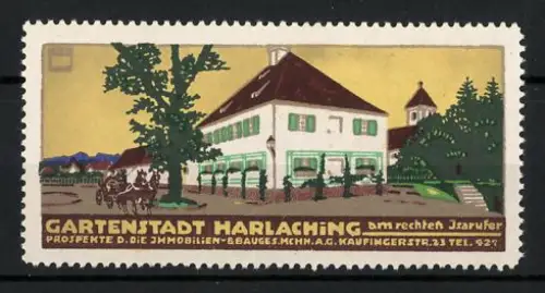 Künstler-Reklamemarke Ludwig Hohlwein, München, Gartenstadt Harlaching, Immobilien- & Bauges. Mchn. A. G.