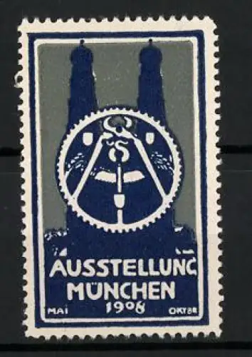 Reklamemarke München, Ausstellung 1908, Kirche und Zahnrad