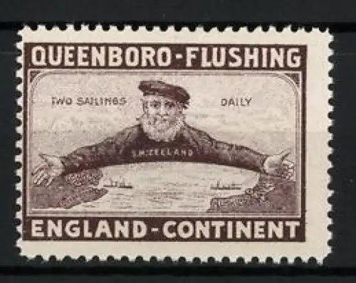 Reklamemarke Queenboro-Flushing, Two Sailings Daily, Seemann der S. M. Zeeland mit ausgestreckten Armen