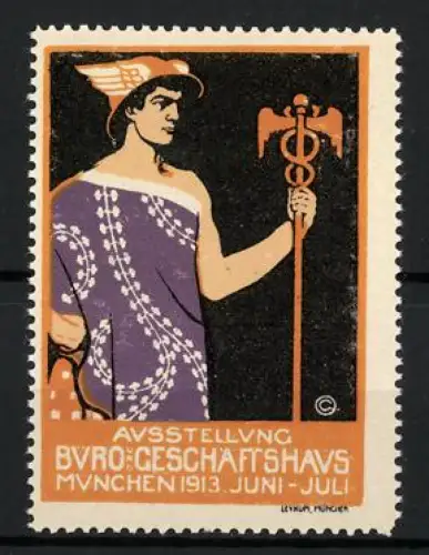 Reklamemarke München, Ausstellung Büro- und Geschäftshaus 1913, Hermes mit Stab