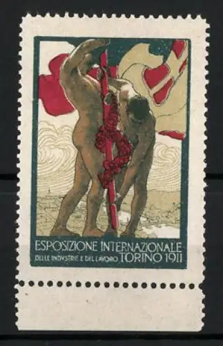 Reklamemarke Torino, Esposizione Internazionale 1911, Männerakt mit Fahne