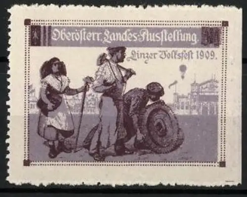 Reklamemarke Linz, Oberösterr. Landes-Ausstellung Linzer Volksfest 1909, Frau in Tracht