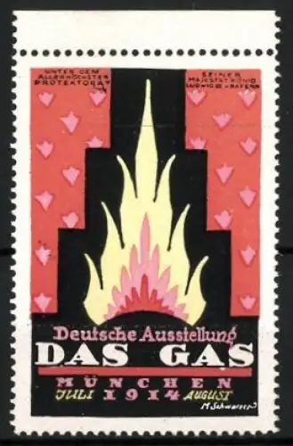 Künstler-Reklamemarke M. Schwarzer, München, Deutsche Ausstellung Das Gas 1914, Gasflamme