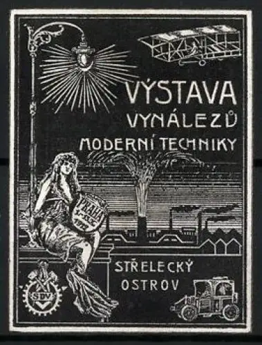 Reklamemarke Praha, Výstava Vynálezu Moderní Techniky 1912, Flugzeug und Automobil