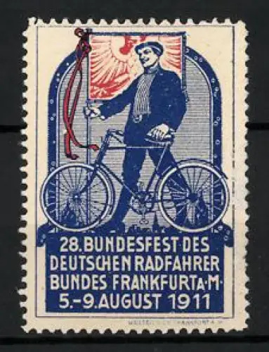 Reklamemarke Frankfurt am Main, 28. Bundesfest des Deutschen Radfahrer-Bundes 1911, Radfahrer mit Fahrrad