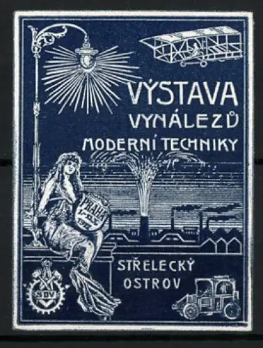 Reklamemarke Prag, Výstava Vynálezu Moderní Techniky 1912, Flugzeug und Lampe
