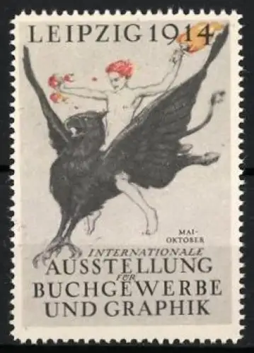 Reklamemarke Leipzig, Internationale Ausstellung für Buchgewerbe und Graphik 1914, Greif und Männerakt