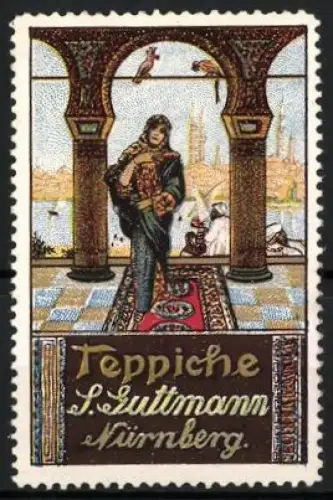 Reklamemarke Nürnberg, Teppiche L. Guttmann, Frau mit Teppich in Arkade zu Constantinopel