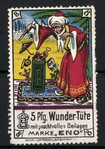 Reklamemarke 5 Pfennig Wunder-Tüte der Marke Eno, Zauberer mit Spielzeug