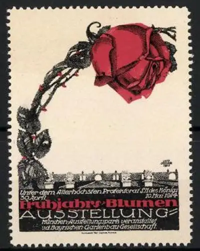 Reklamemarke München, Frühjahrs-Blumen Ausstellung 1914, Rote Rose mit Parkanlagen