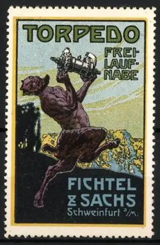 Reklamemarke Schweinfurt a. M., Fichtel & Sachs, Torpedo Freilaufnabe, Satyr mit Nabe