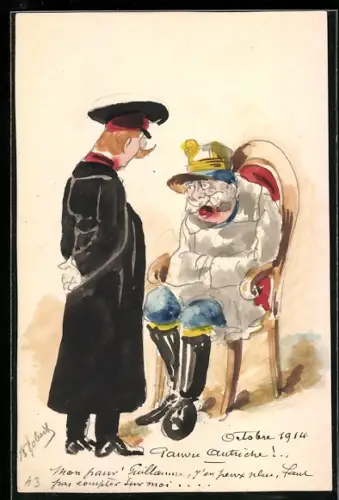 Handzeichnung Mann im schwarzen Mantel steht vor einem altersschwachen Kaiser Franz Josef I.