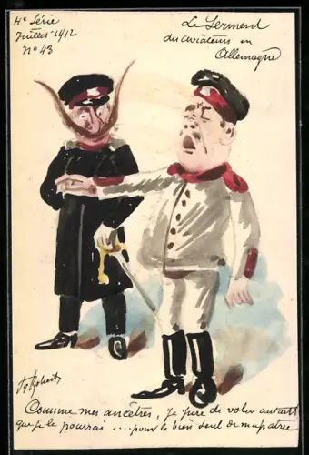 Handzeichnung Kaiser Wilhelm im schwarzen Mantel und mit Säbel mit langem Bart neben einem Mann mit geschlossenen Augen