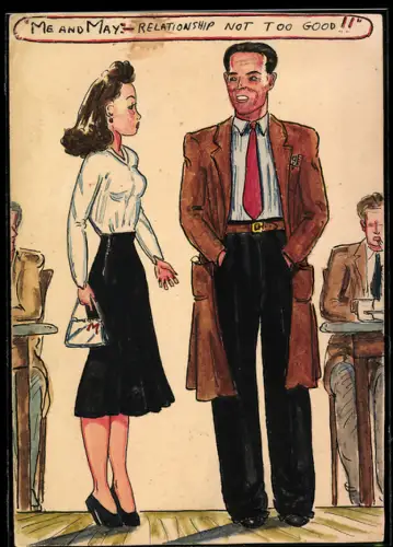 Handzeichnung Mann in braunem Mantel und Dampe in dunklem Rock, Me and May