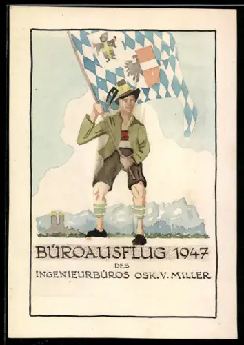 Handzeichnung Wanderer mit bayrischer Flagge, Büroausflug 1947 des Ingenieurbüros Osk. v. Miller