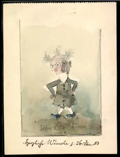 Handzeichnung Älterer Mann in dunklem Mantel