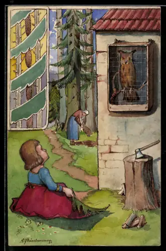 Handzeichnung Mädchen sitzt am Haus und schaut zu einer Eule