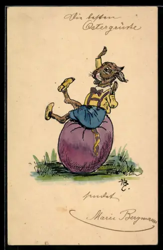 Handzeichnung Osterhase sitzt auf einem lilanen Osterei