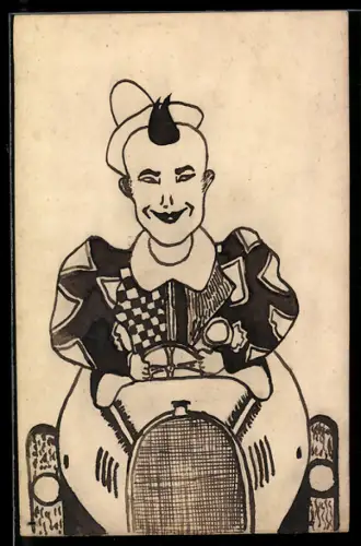 Handzeichnung Schelmisch grinsender Clown in einem Auto