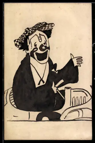 Handzeichnung Clown sitzt in einem Auto