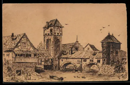 Handzeichnung Partie in einem Ort, 1910