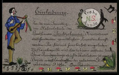 Handzeichnung Einladung zur einem Zusammentreffen im Gasthaus Sanktjohannser in der Kreuzstrasse