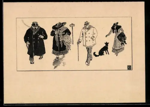 Handzeichnung Vier Personen in Winterkleidung mit Hund