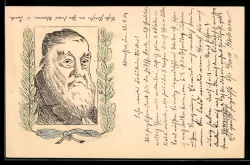 Handzeichnung Porträt eines Mannes gerahmt in Eichenlaub