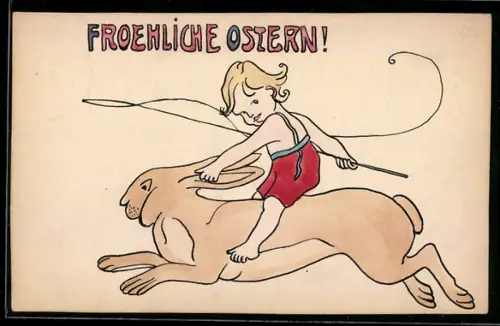 Handzeichnung Kleinkind reitet auf dem Osterhasen