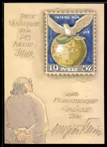Handzeichnung Mann mit Brille steht vor einer Briefmarke mit Taube, Friede für die Welt
