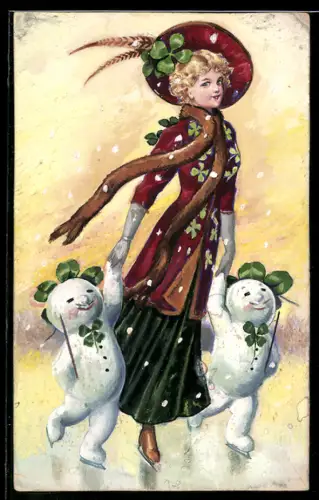 Handzeichnung Schöne Frau mit Hut beim Schlittschuhlauf mit Schneemännern, geschmückt mit Kleeblättern