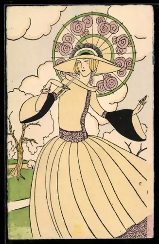 Handzeichnung Hübsche Frau mit Hut und Regenschirm