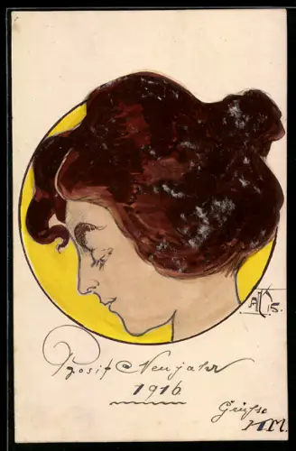 Handzeichnung Schöne Frau mit hochgestecktem Haar im Profil