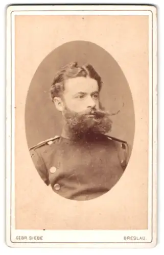 Fotografie Gebr. Siebe, Breslau, Neue Taschen-Strasse 1b, Offizier Vellay im Überrock, 1880