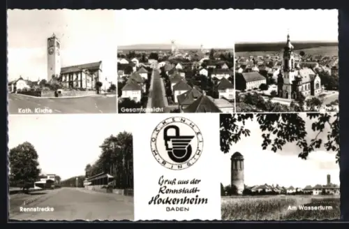 AK Hockenheim /Baden, Kath. Kirche, Rennstrecke, Wasserturm, Ev. Kirche
