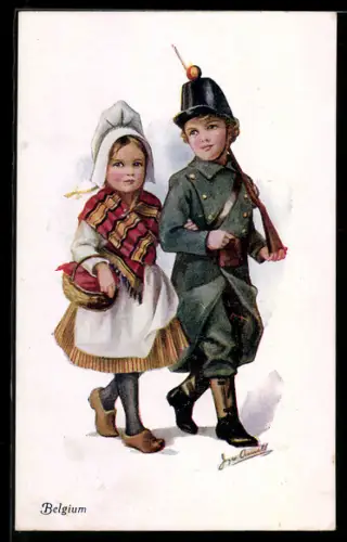 Künstler-AK Belgium, kleiner Soldat und Mädchen in Tracht