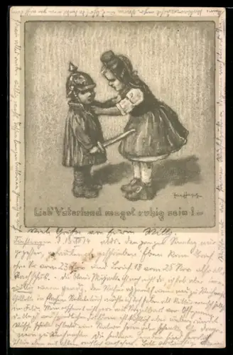 AK Kind in Uniform und mit Pickelhaube vor einem Mädchen