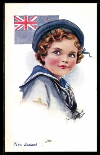 AK Kind in Marineuniform vor neuseeländischer Flagge