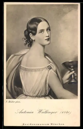 Künstler-AK sign. J. Stieler: München, Portrait von Antonia Wallinger mit Weinkelch
