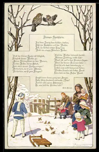 AK Lied Armes Spätzlein, spielende Kinder im Winter, Schlitten