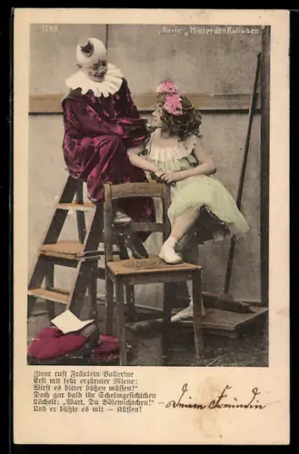AK Harlekin unterhält sich mit einem Mädchen