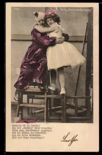 AK Harlekin umarmt ein Mädchen im Kleid