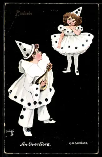 AK Harlekin mit einer Laute sieht ein Mädchen an