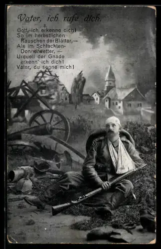 AK Vater, ich rufe Dich..., Verwundeter mit Armverband, Schlachtfeld, Ortschaft, Rotes Kreuz