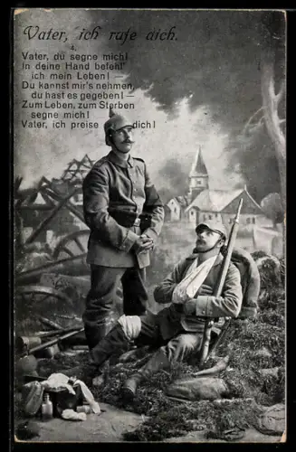 AK Vater, ich rufe Dich..., Betender Soldat u. Verwundeter mit Verband, Schlachtfeld, Kirche, Rotes Kreuz